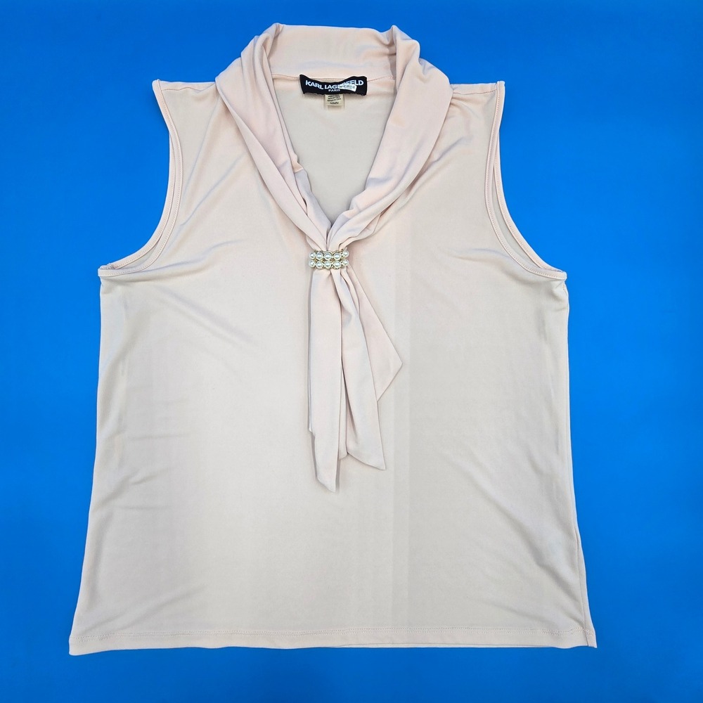 Karl Lagerfeld Paris Blush Pink Tie Neck Sleeveless Blouse Faux Pearl Accent M - Picture 9 of 9